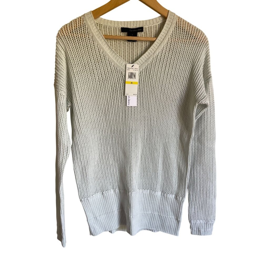 New! Calvin Klein Open Knit Mint Green V-Neck Pullover Sweater Size Medium MSRP